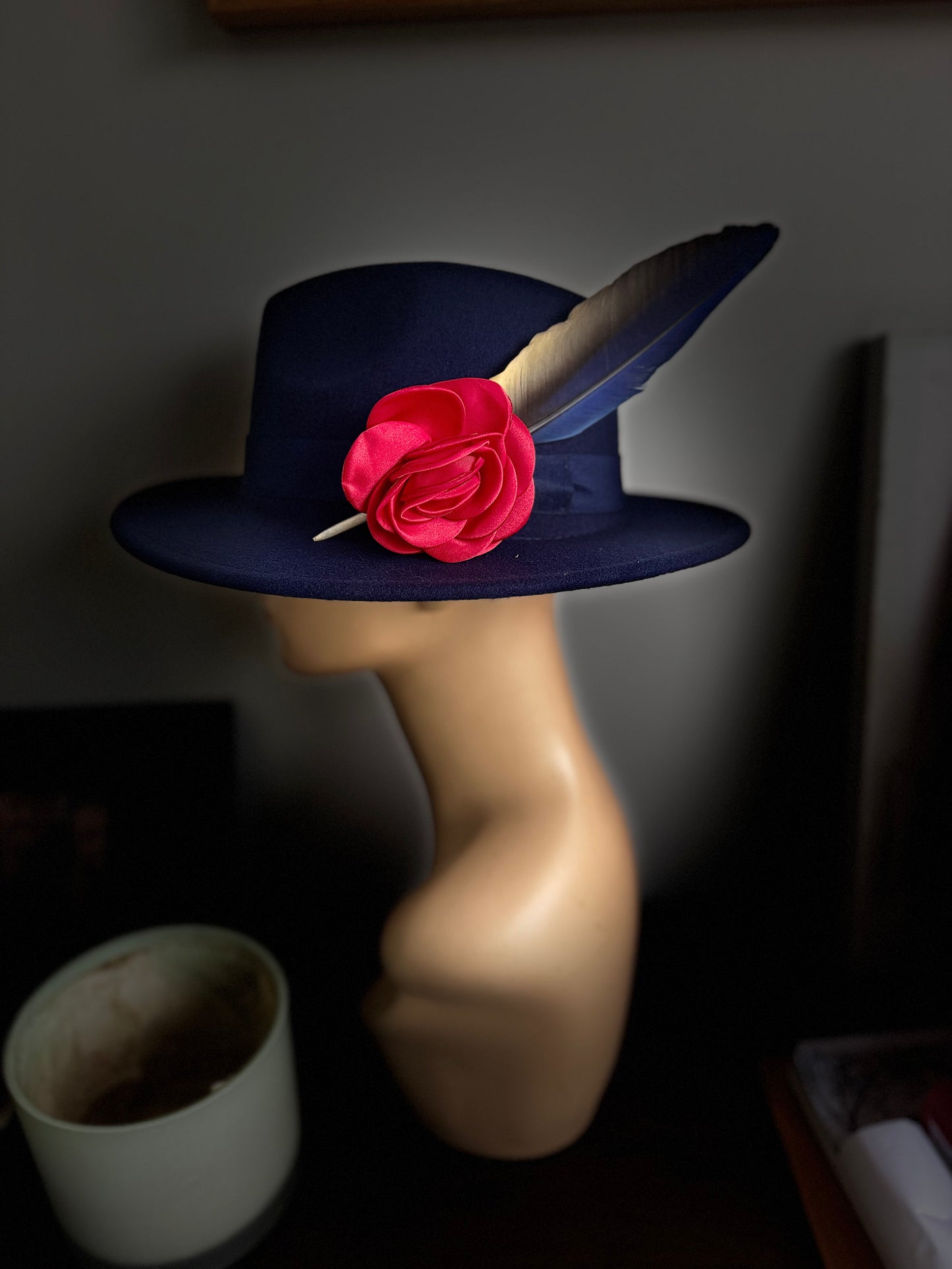 Navy Panama hat with red flower and Maccaw feather 🪶