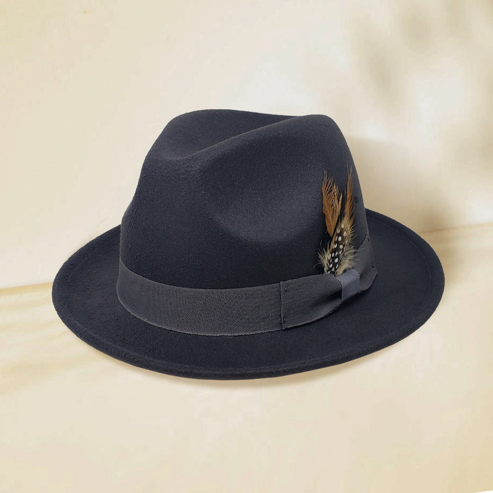 Grey Trilby hat with hunter feather