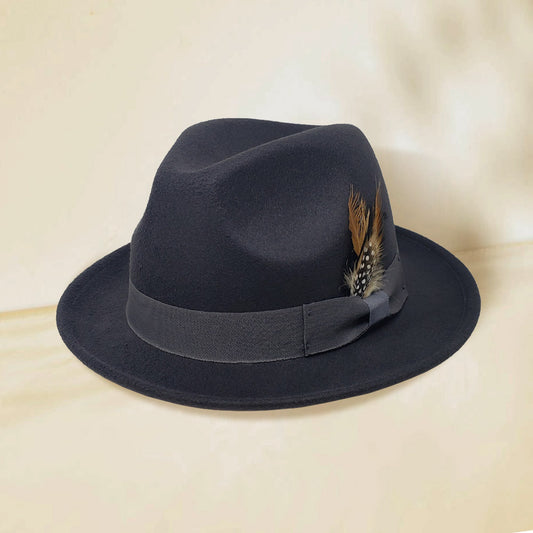 Grey Trilby hat with hunter feather