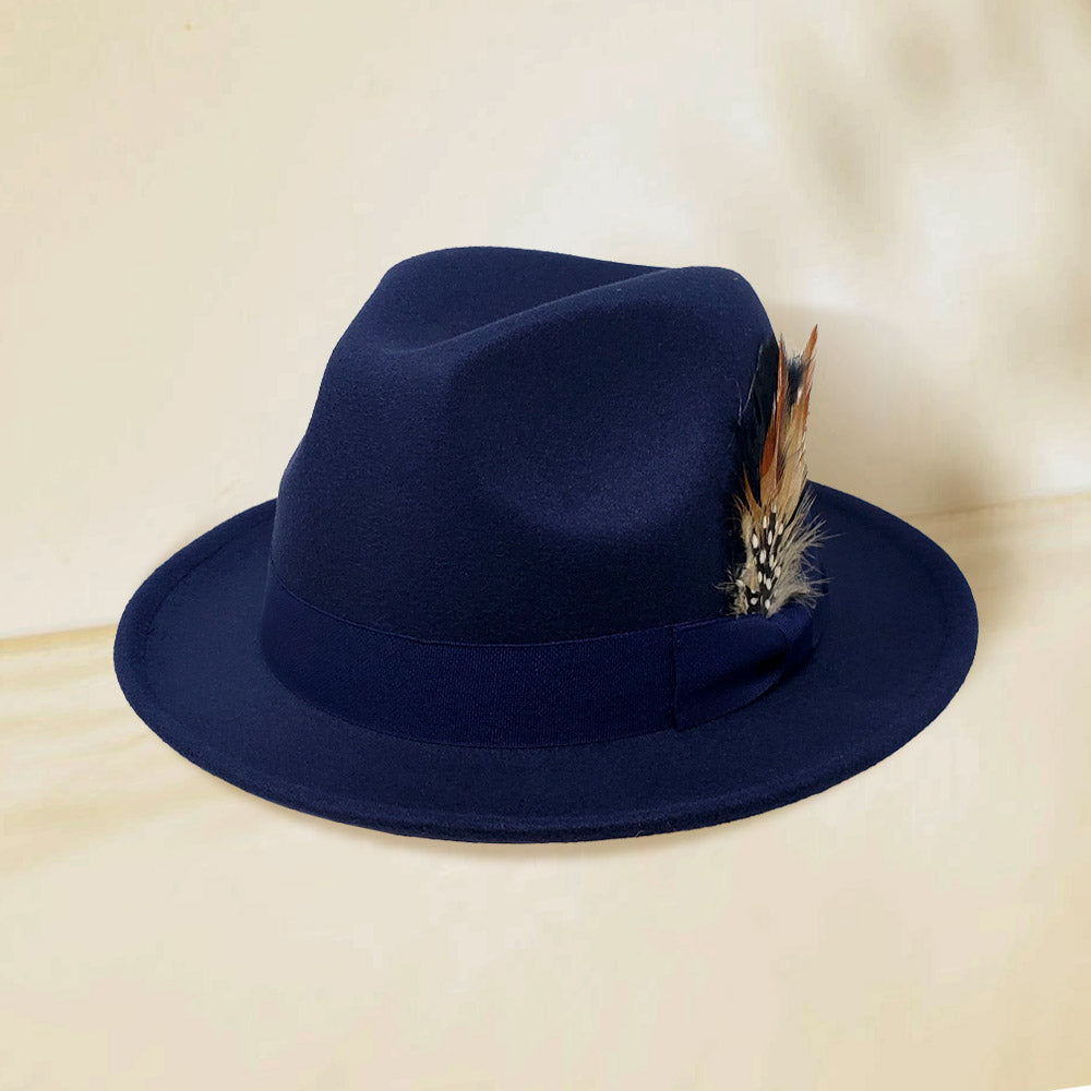 Navy trilby with feather