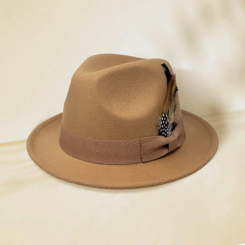 Caramel trilby hat with hunter feather