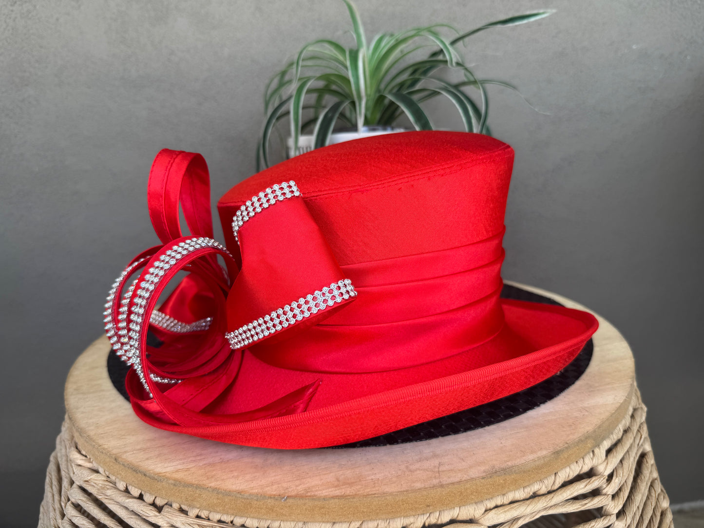 Beautiful red satin overlay hat with loops and bling