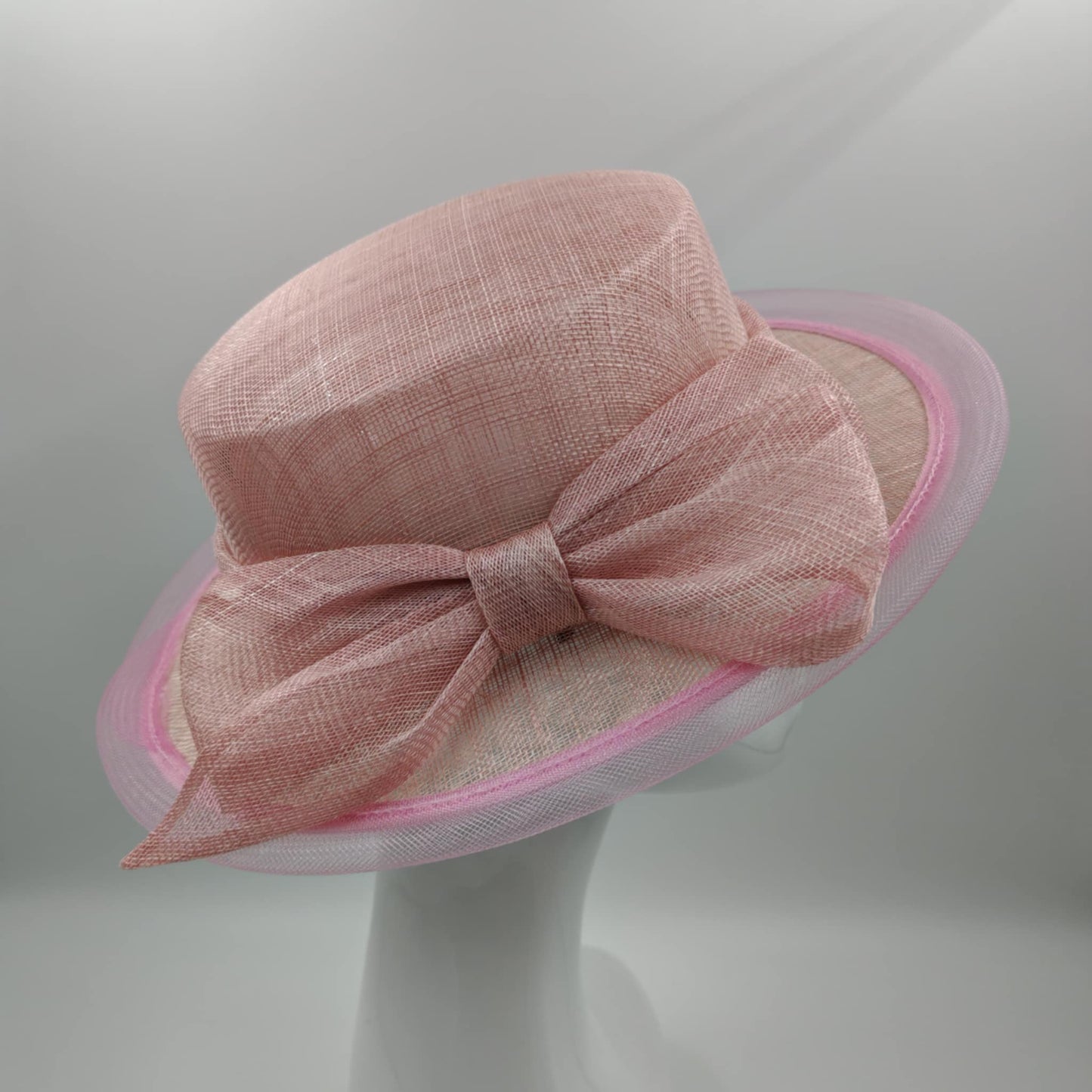 Baby pink sinamay hat/boater with pink trim