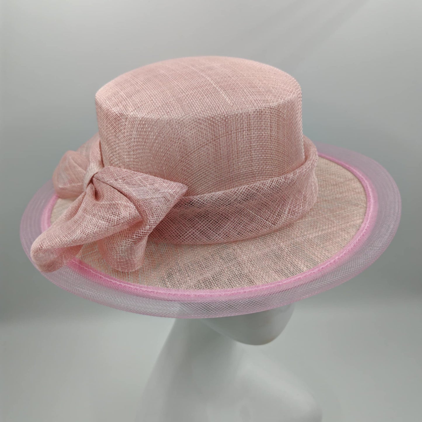 Baby pink sinamay hat/boater with pink trim