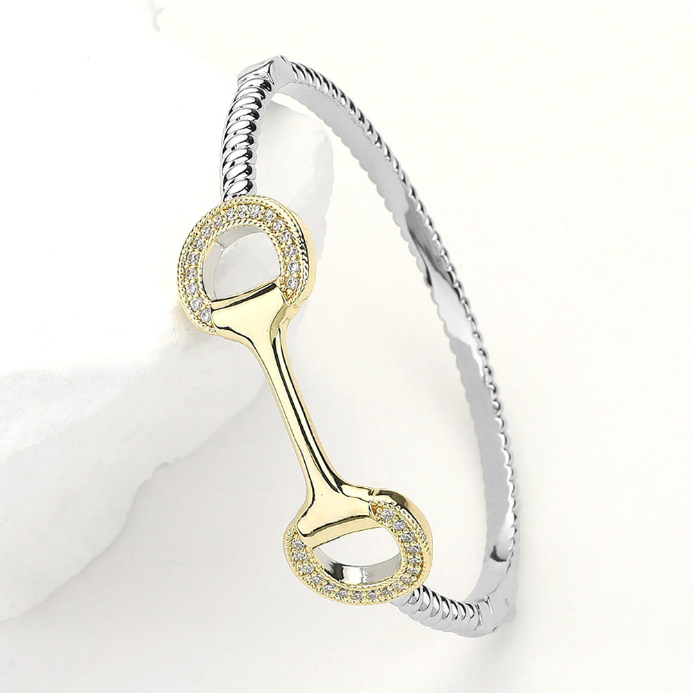 Two Tone CZ Stone Paved Horsebit Accented Hinged Bangle Bracelet