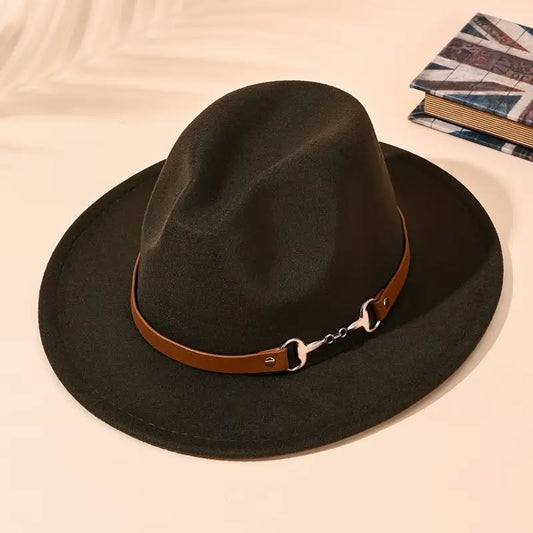 Deep green/olive felt Unisex Wide brim Fedora Black hat with bit trim