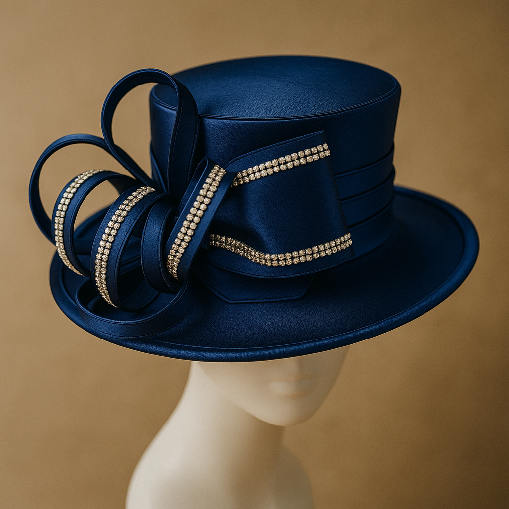 Navy w bling satin overlay hat