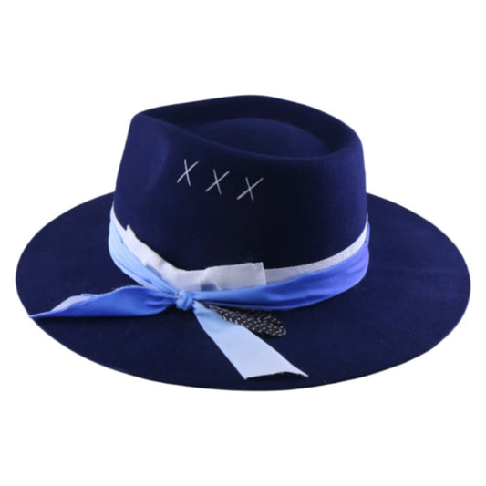 Stunning Navy wool fedora wit white trim and feather