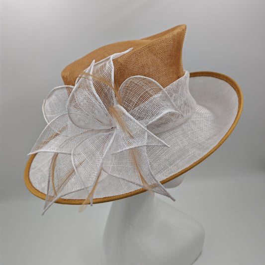 Caramel and white medium/large brim sinamay hat