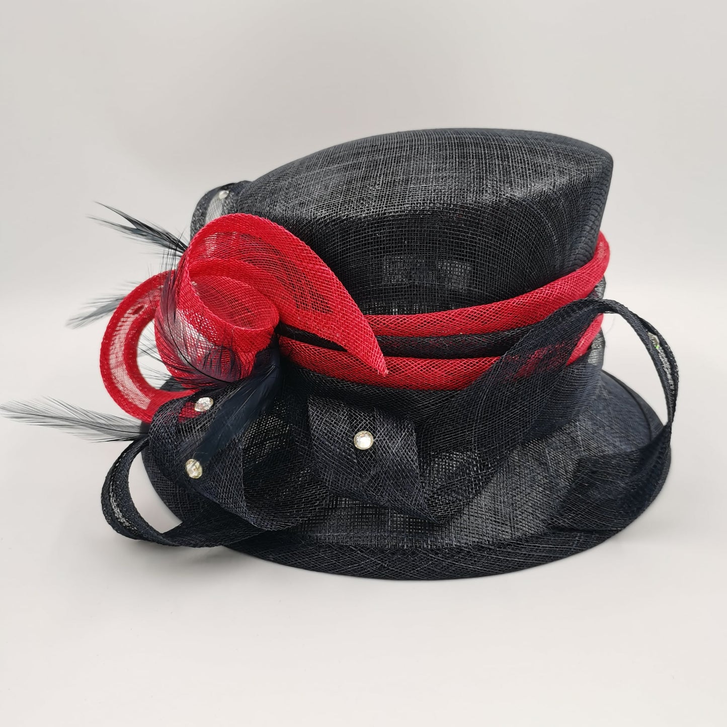 Navy sinamay hat with red trim and bling pre order