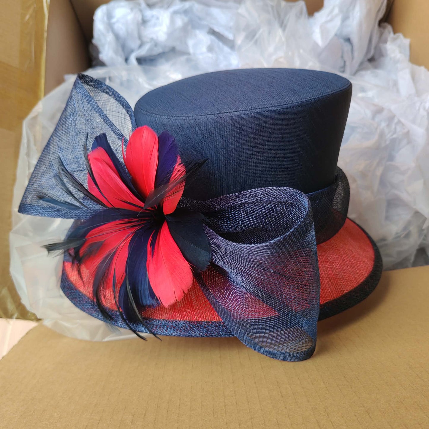 Stunning navy and red sinamay hat - pre order arriving soon