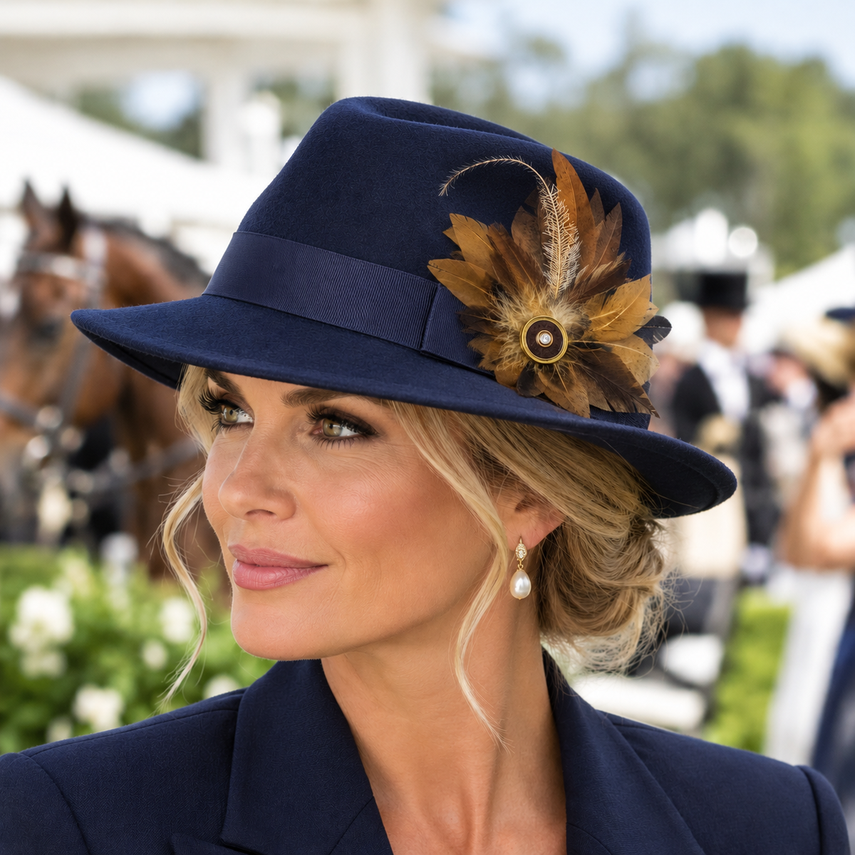 Navy hat with hunter Feather