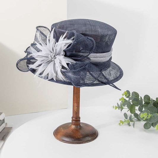 Stunning Navy sinamay hat with grey trim