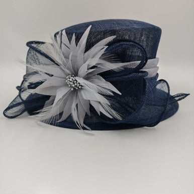 Stunning Navy sinamay hat with grey trim pre order
