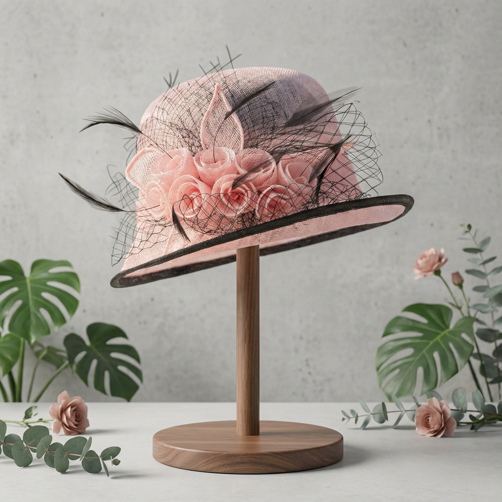 Baby Pink & Black Rose Trim Hat