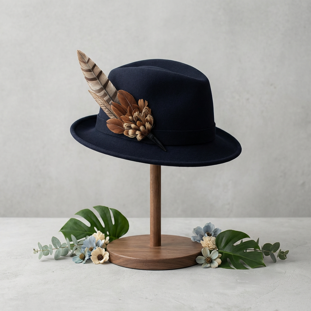Navy wool/felt hat with hunter feather on a band