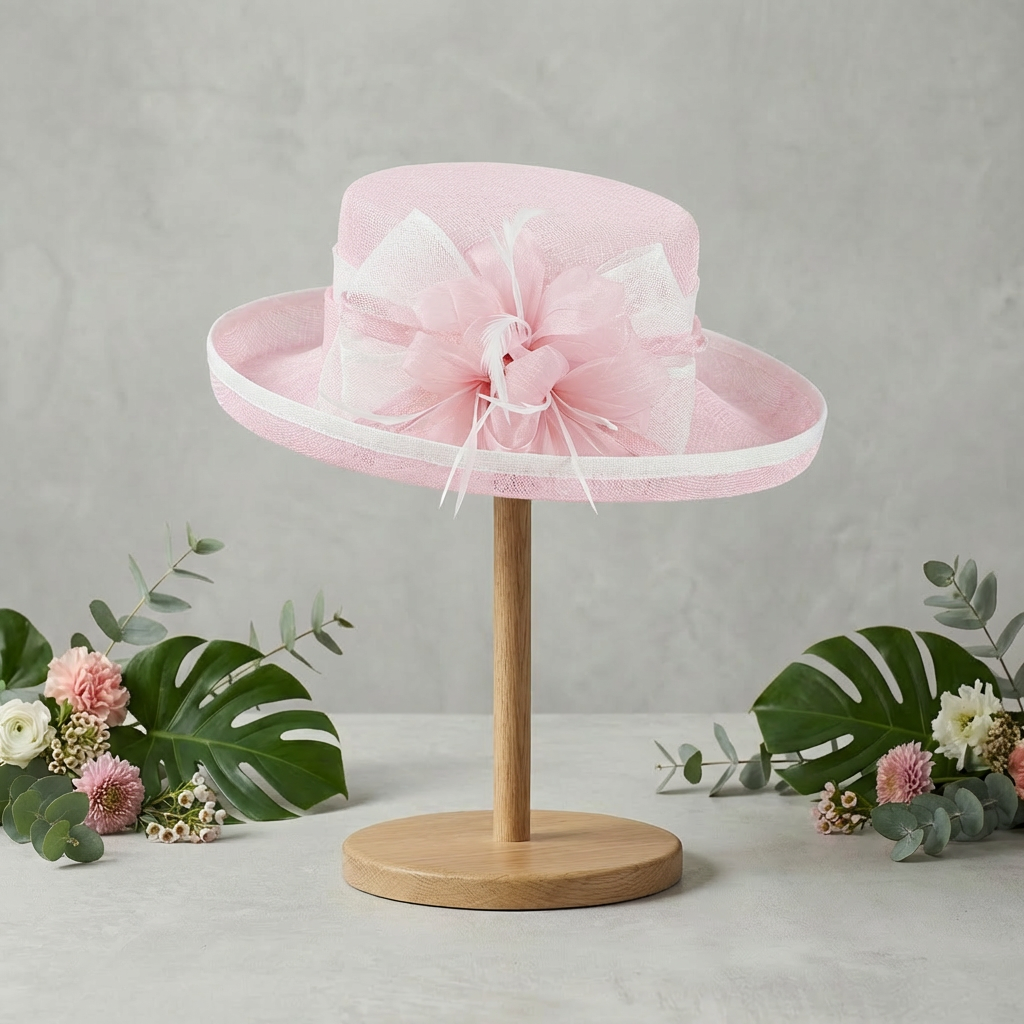 Pink sinamay hat with white trim - boater style