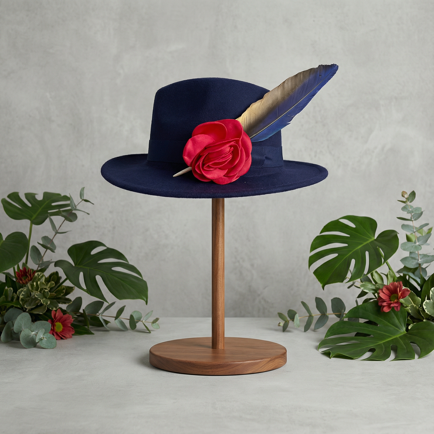 Navy Panama hat with red flower and Maccaw feather 🪶