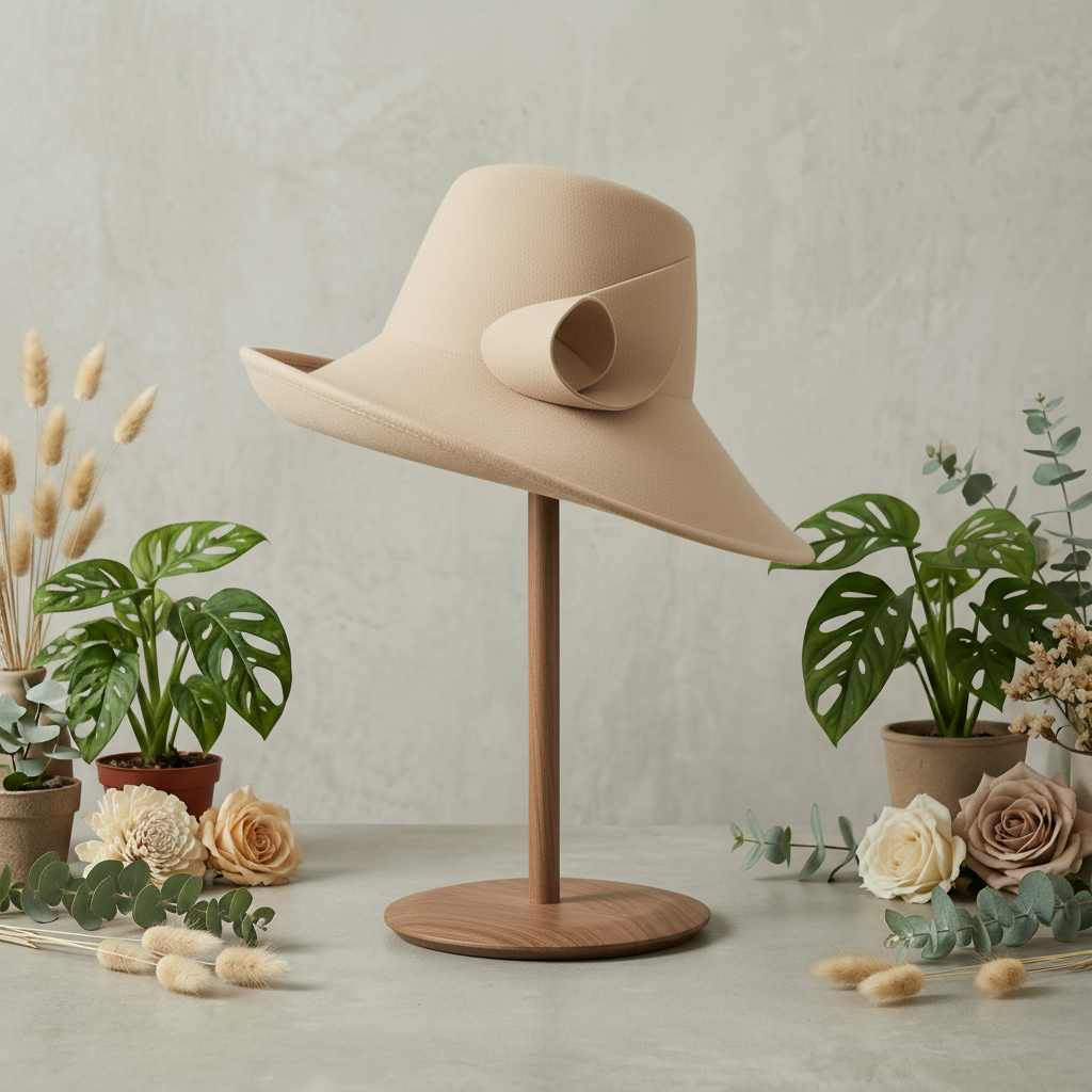 Beige Sculpted Wool Brim Hat