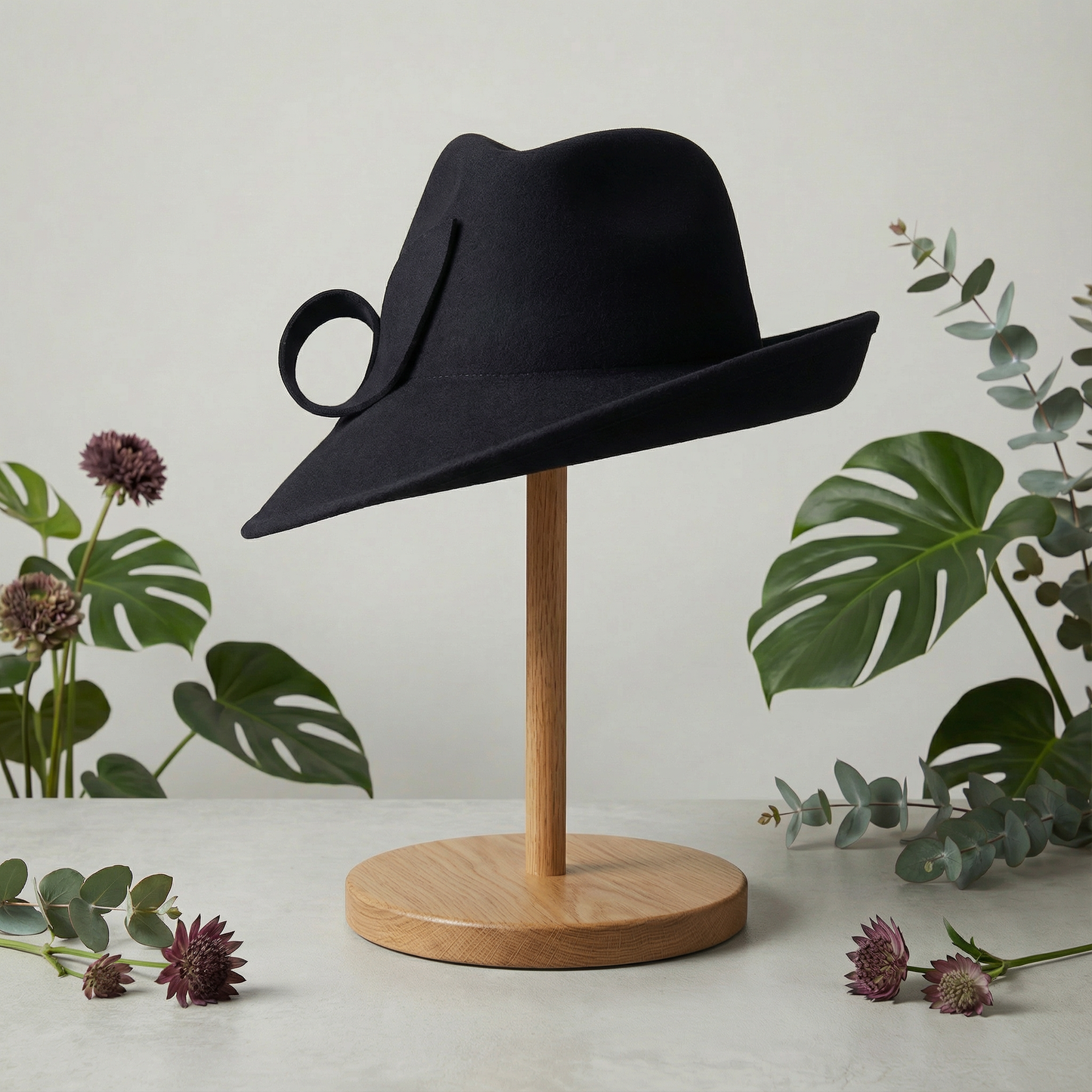 Black Sculpted Wool Brim Hat