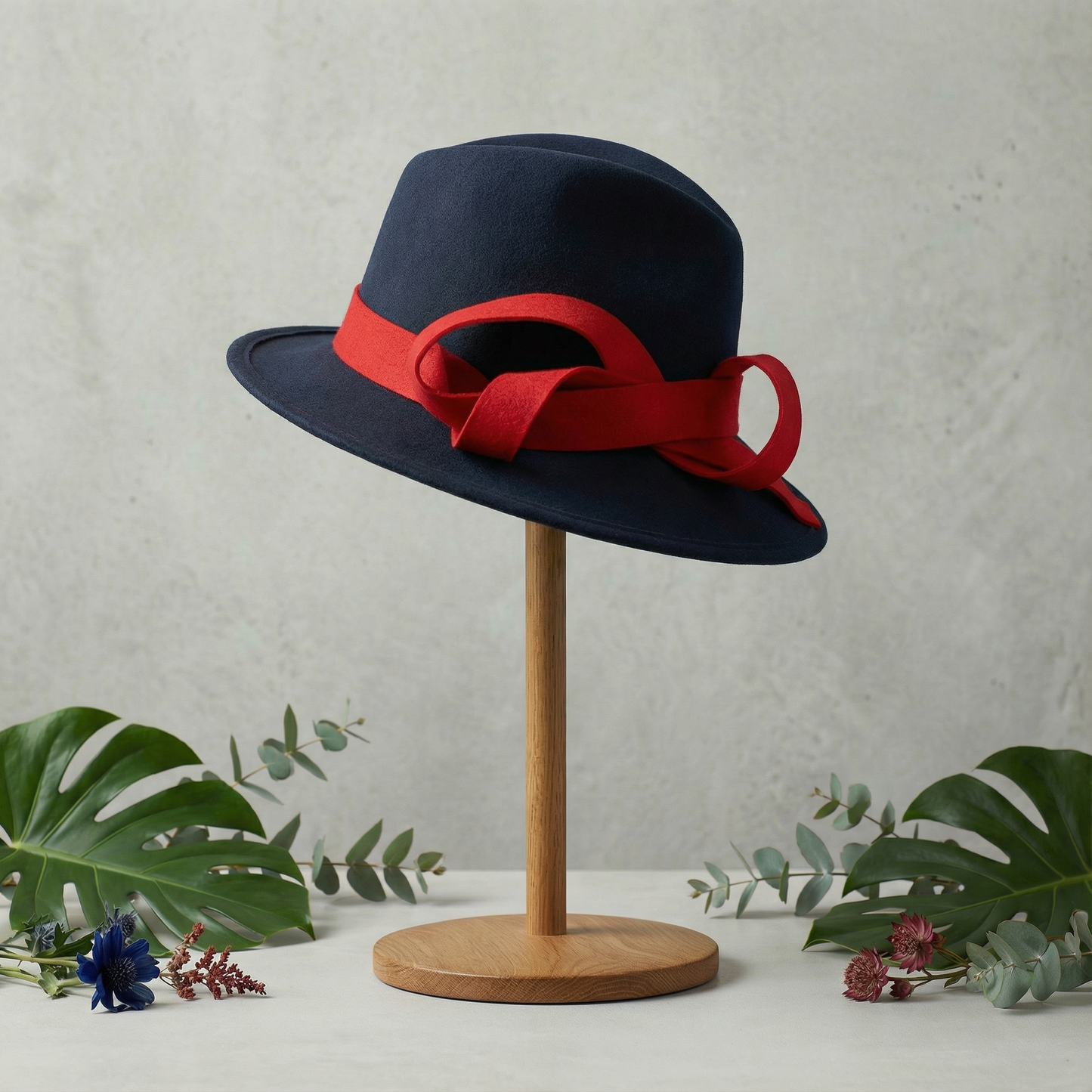 Navy Wool Hat with Red Sculpted Trim