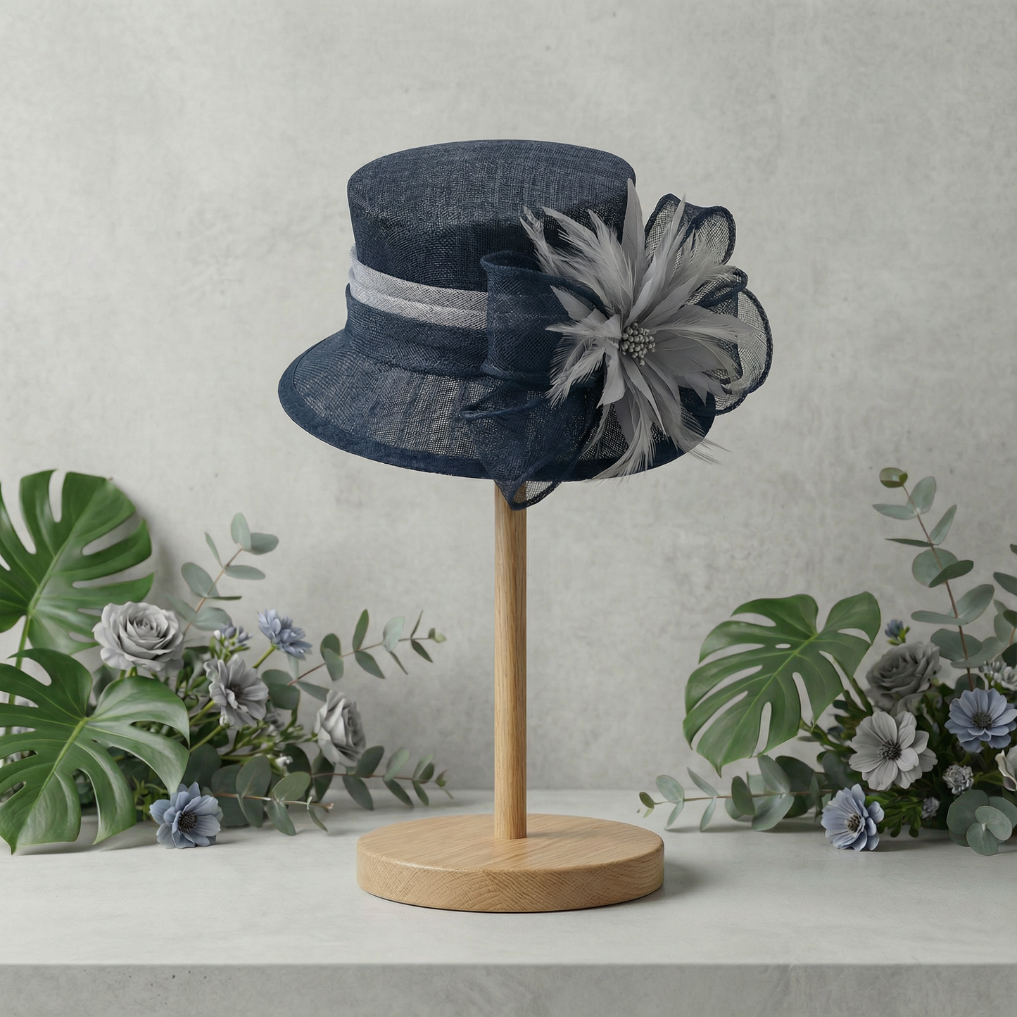Stunning Navy sinamay hat with grey trim pre order