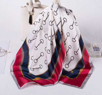 SATIN LADIES SNAFFLE BIT PRINT SCARF NAVY AND RED TRIM