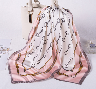 SATIN LADIES SNAFFLE BIT PRINT SCARF PINK AND GREY TRIM