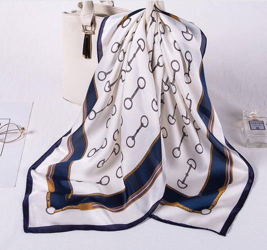 SATIN LADIES SNAFFLE BIT PRINT SCARF NAVY AND NAVY TRIM