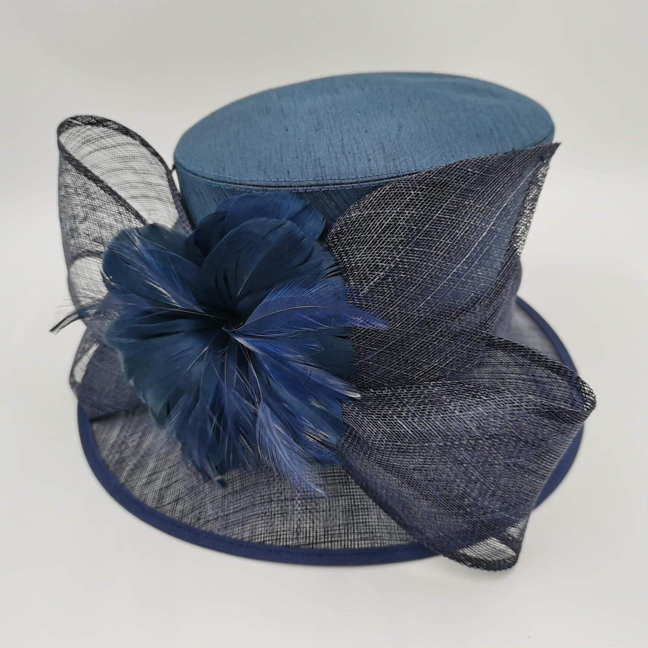 Elegant Navy Sinamay hat with rises and cut feathers trim - pre prder