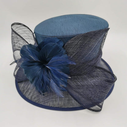 Elegant Navy Sinamay hat with rises and cut feathers trim - pre prder