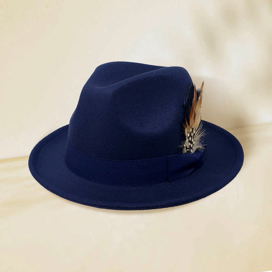 Navy trilby hat with hunter Feather