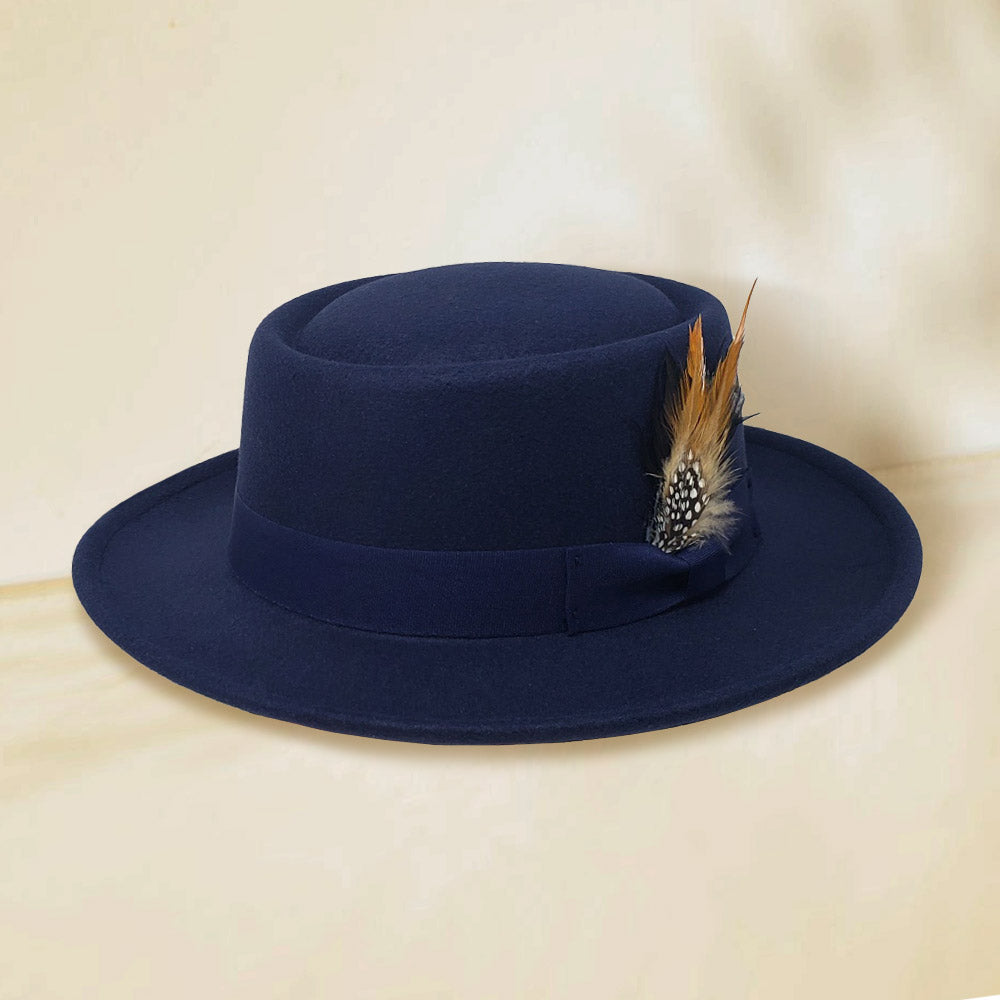 Navy pork pie hat with hunter Feather