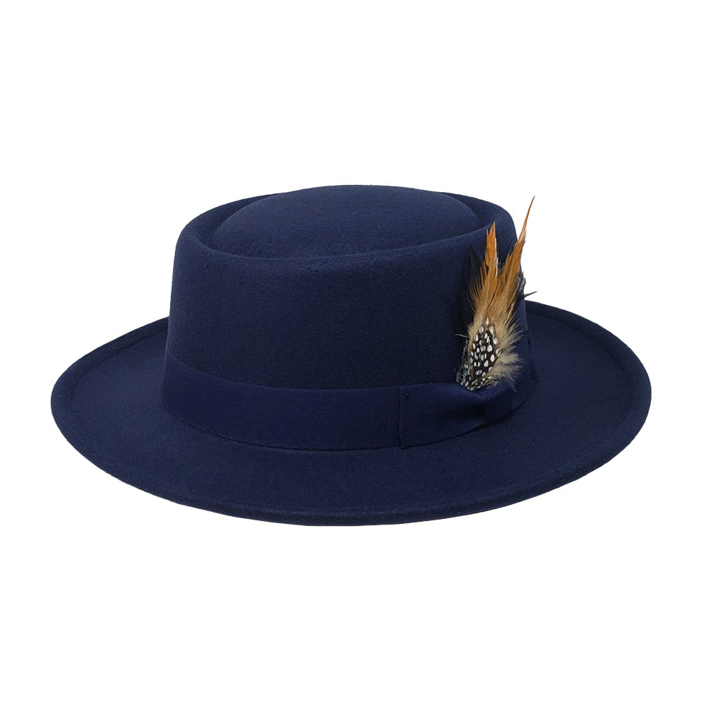 Navy pork pie hat with hunter Feather