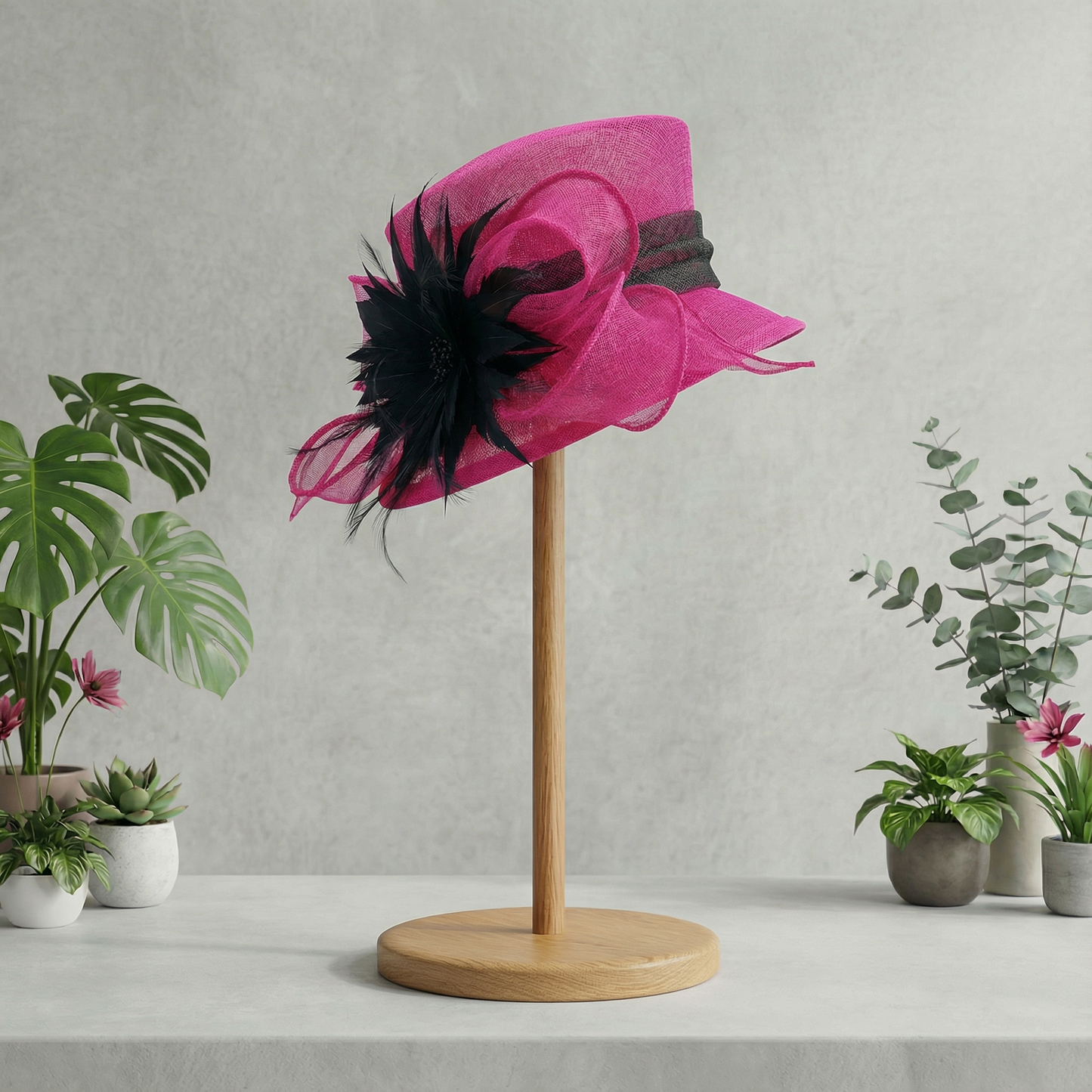 Hot pink sinamay with black trim