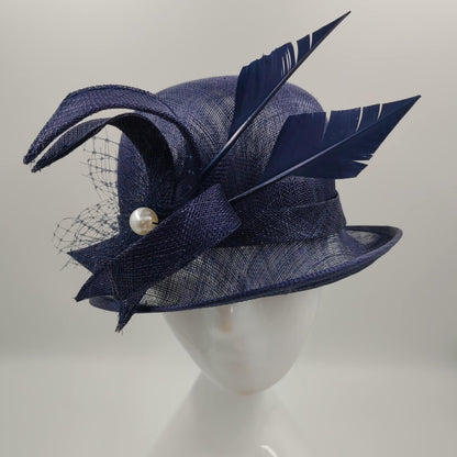 Navy blue sinamay hat with feather