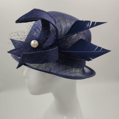 Navy blue sinamay hat with feather