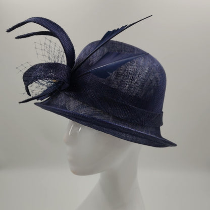 Navy blue sinamay hat with feather