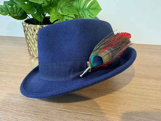 Navy wool trilby with feather