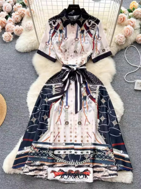 Gorgeous dress white with navy horse print - size L