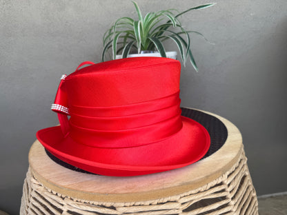 Beautiful red satin overlay hat  with loops and bling