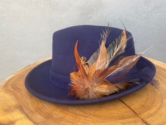 Navy unisex fedora hat with feather