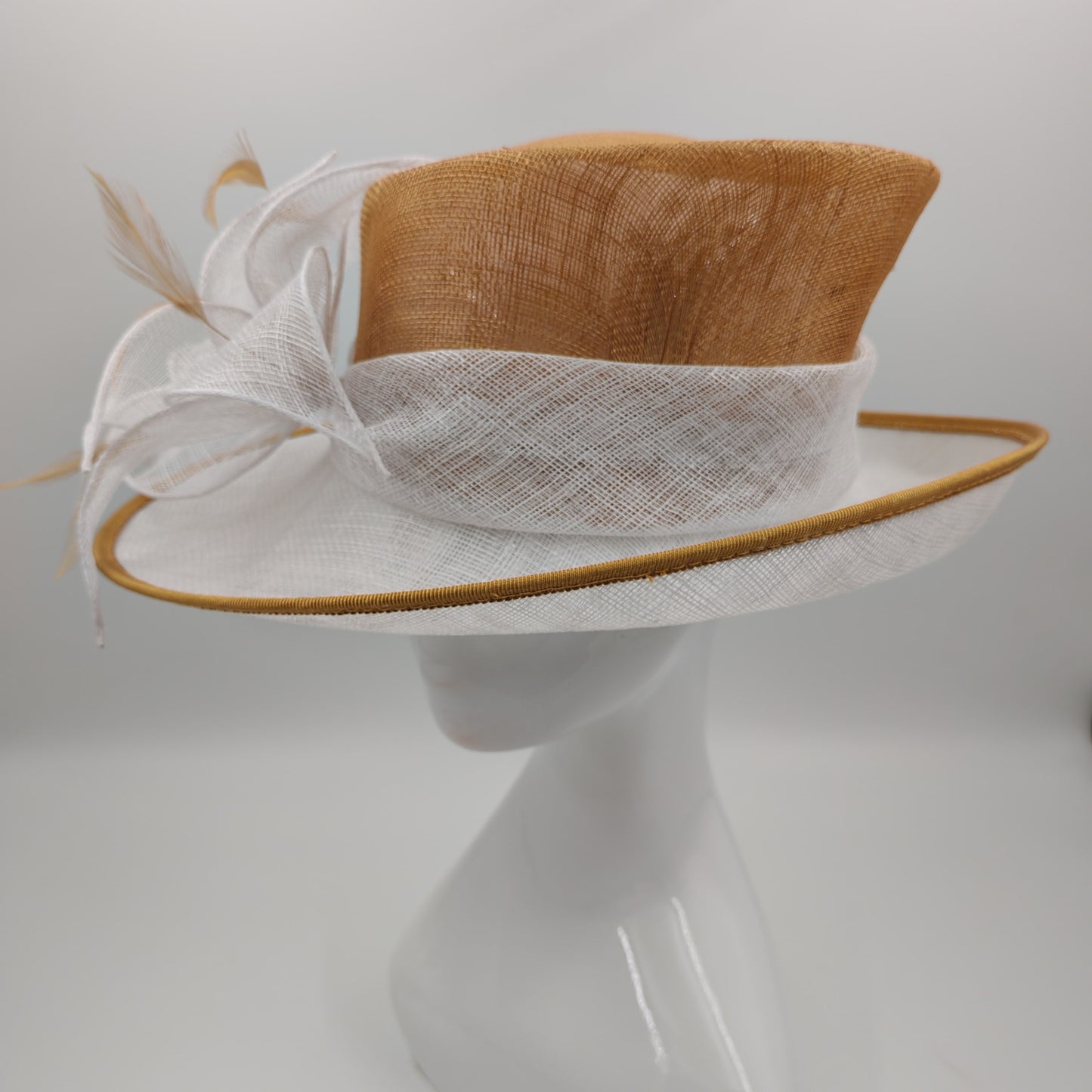 Caramel and white medium/large brim sinamay hat