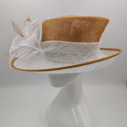 Caramel and white medium/large brim sinamay hat