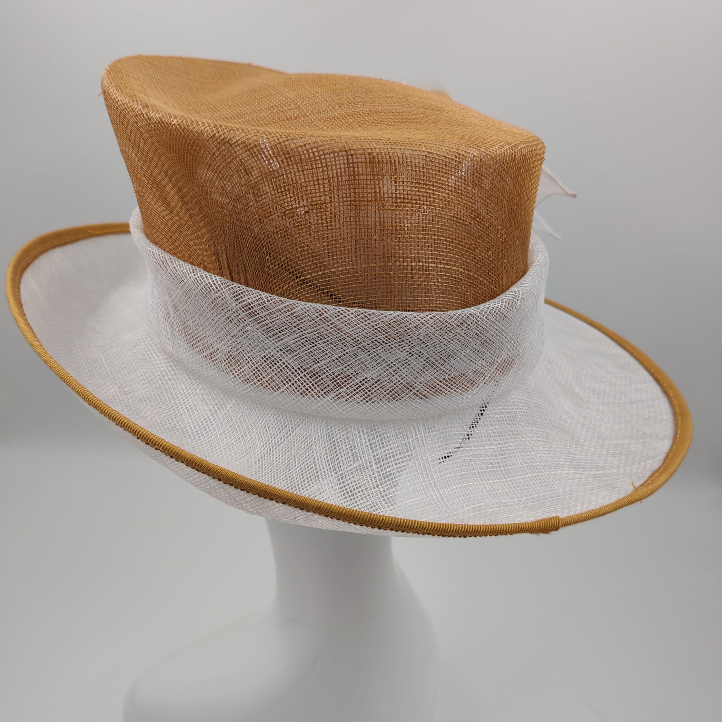 Caramel and white medium/large brim sinamay hat