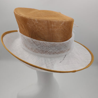 Caramel and white medium/large brim sinamay hat