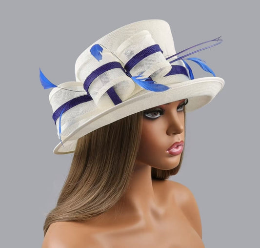 White hat with royal blue and white trim