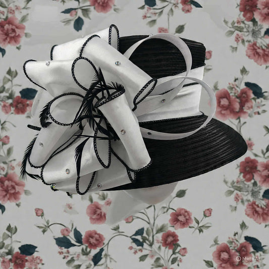 Small brim black hat with white embellishments