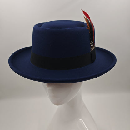 Navy pork pie hat with hunter Feather