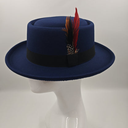 Navy pork pie hat with hunter Feather